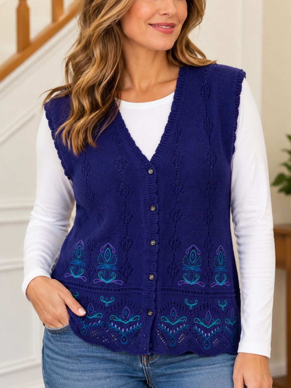 Koret Purple Button-Front Embroidered Knit Vest